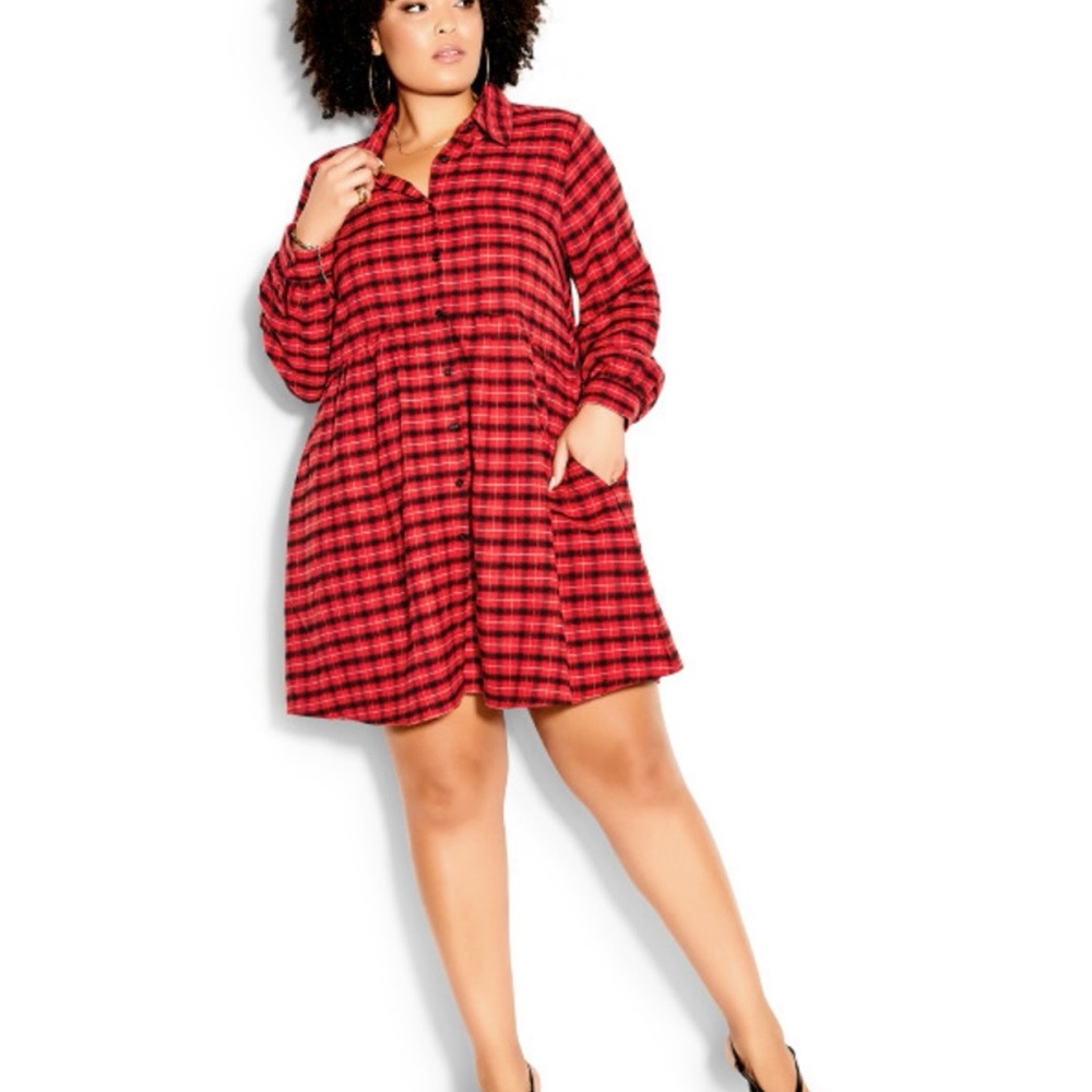 City Chic Red and Black Plaid Shirt Dress